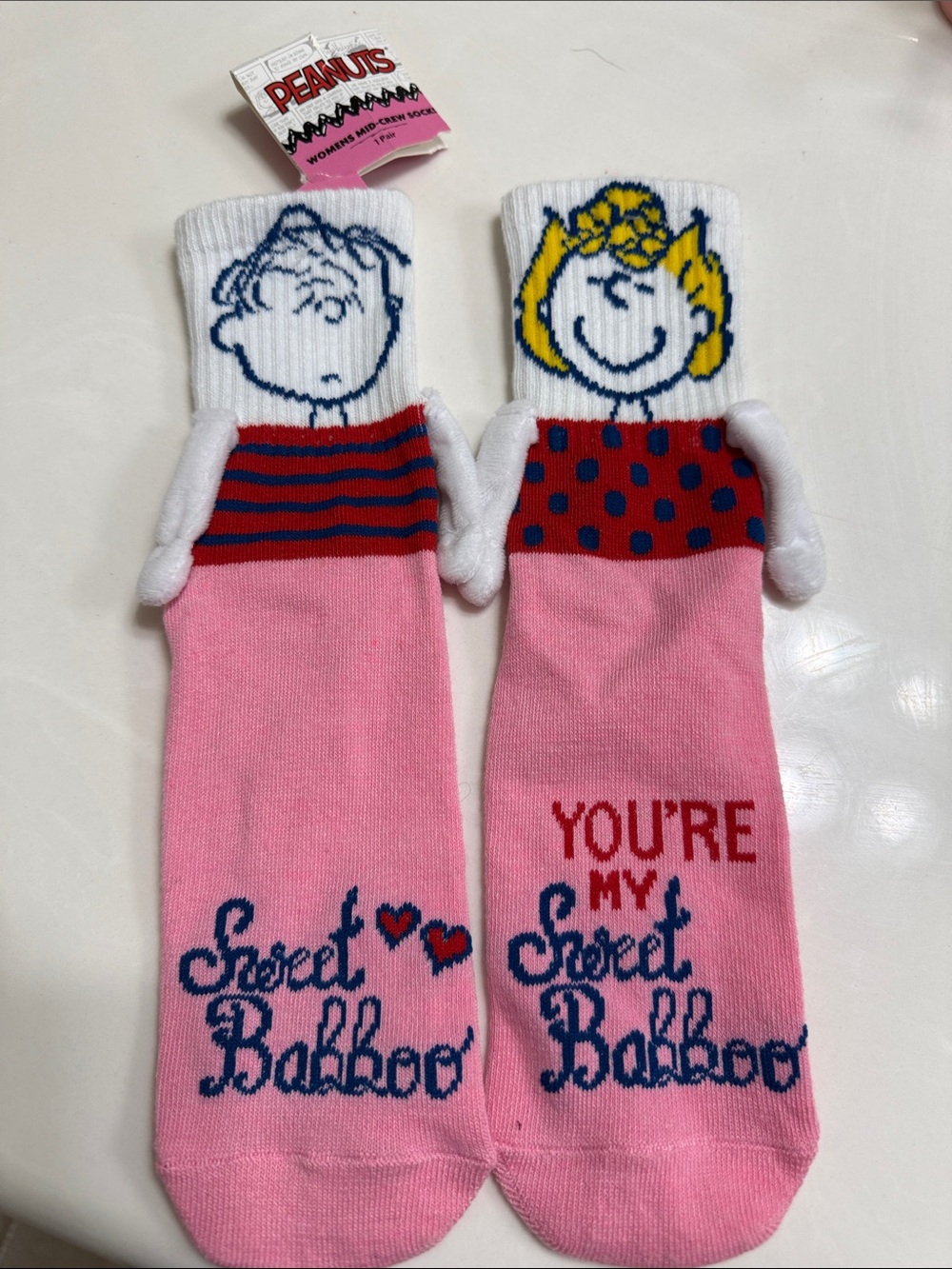Peanuts Pink Character Crew Socks with Red & Navy Accents